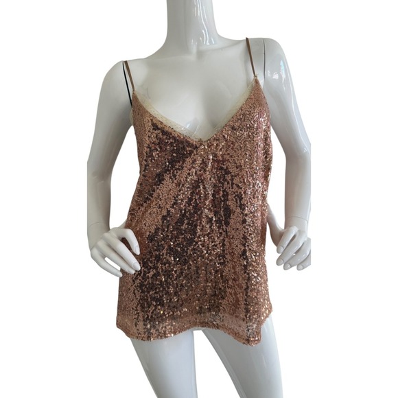 Heartloom Tops - VTG Sequin Cami Top Sz L Dainty Lace Trim Rose Gold